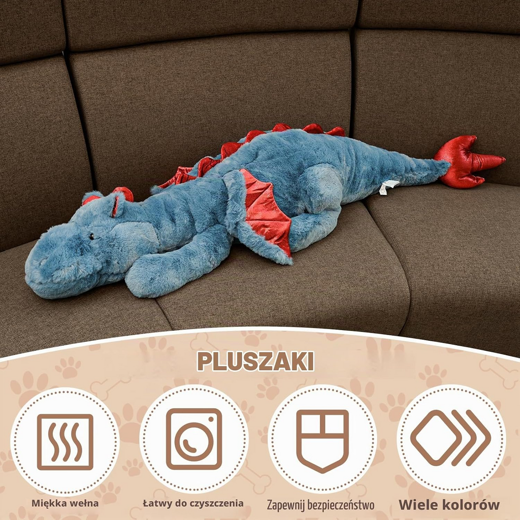 Duża pluszowa zabawka w kształcie smoka 130 cm – niebieska poduszka do przytulania