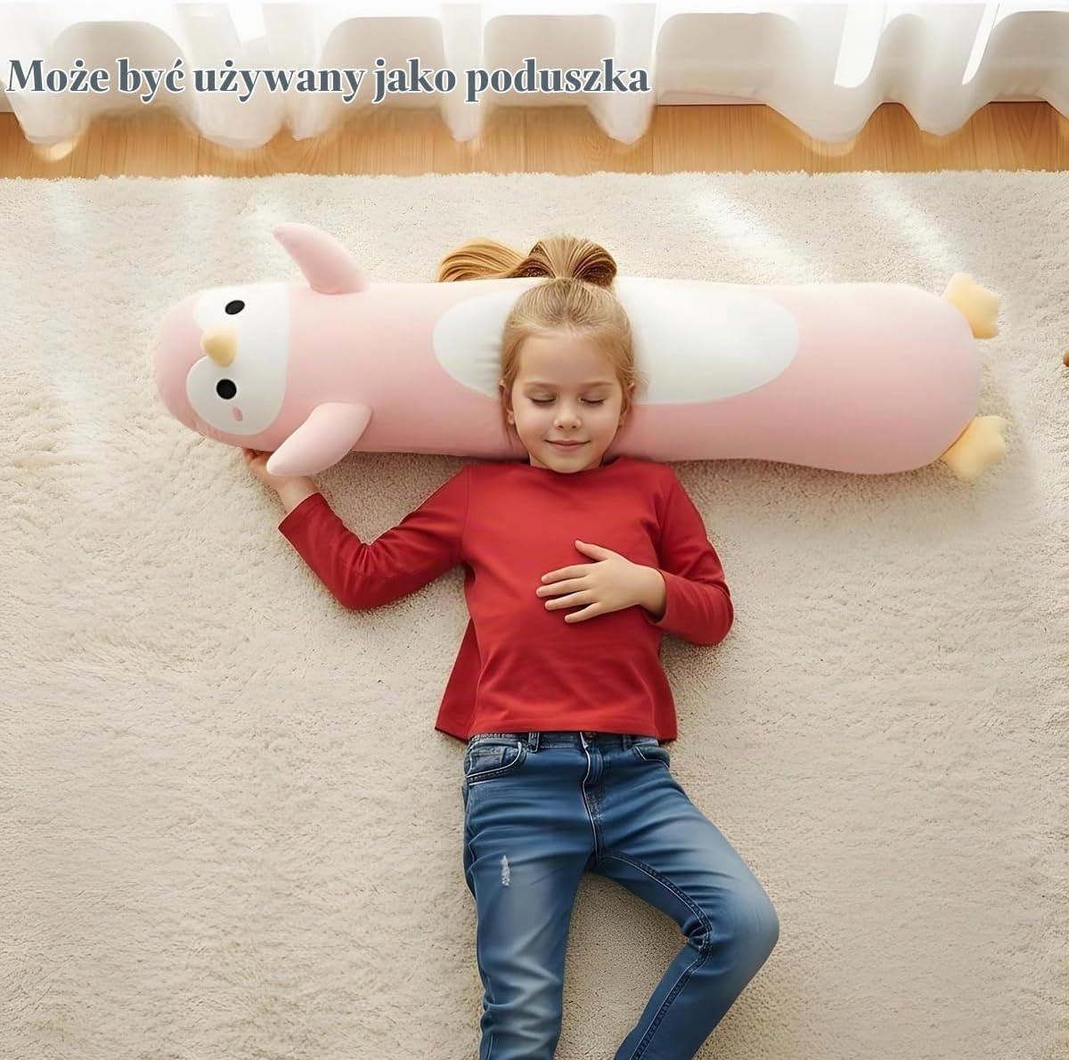 Długi pluszowy pingwin 110 cm – różowa zabawka do przytulania
